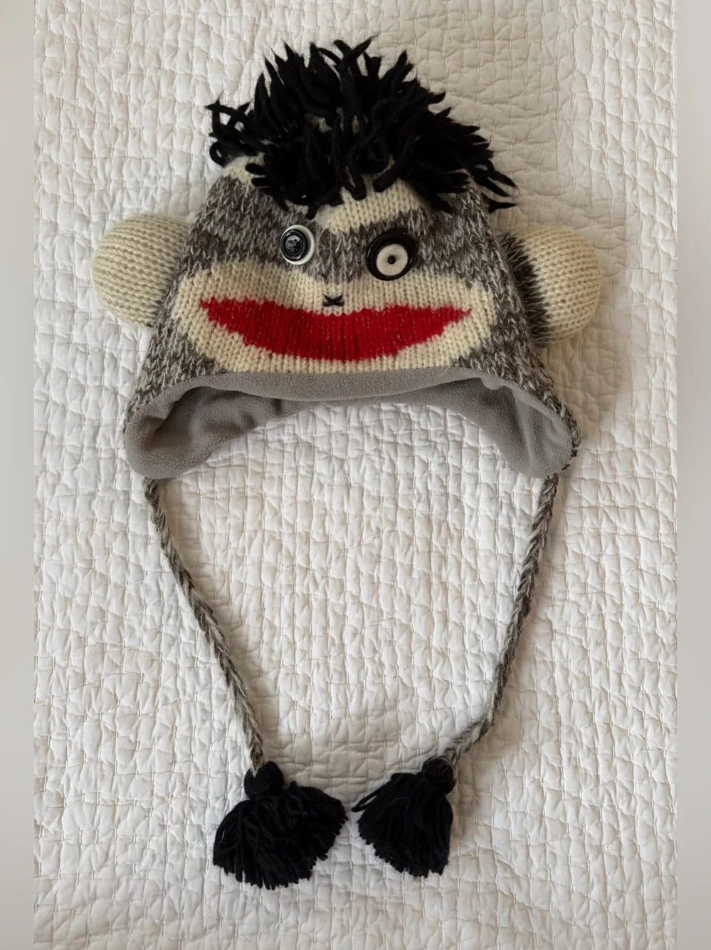 deLux Brand Adult Sock Monkey Knit Hat With Ear Flaps and Mittens Set